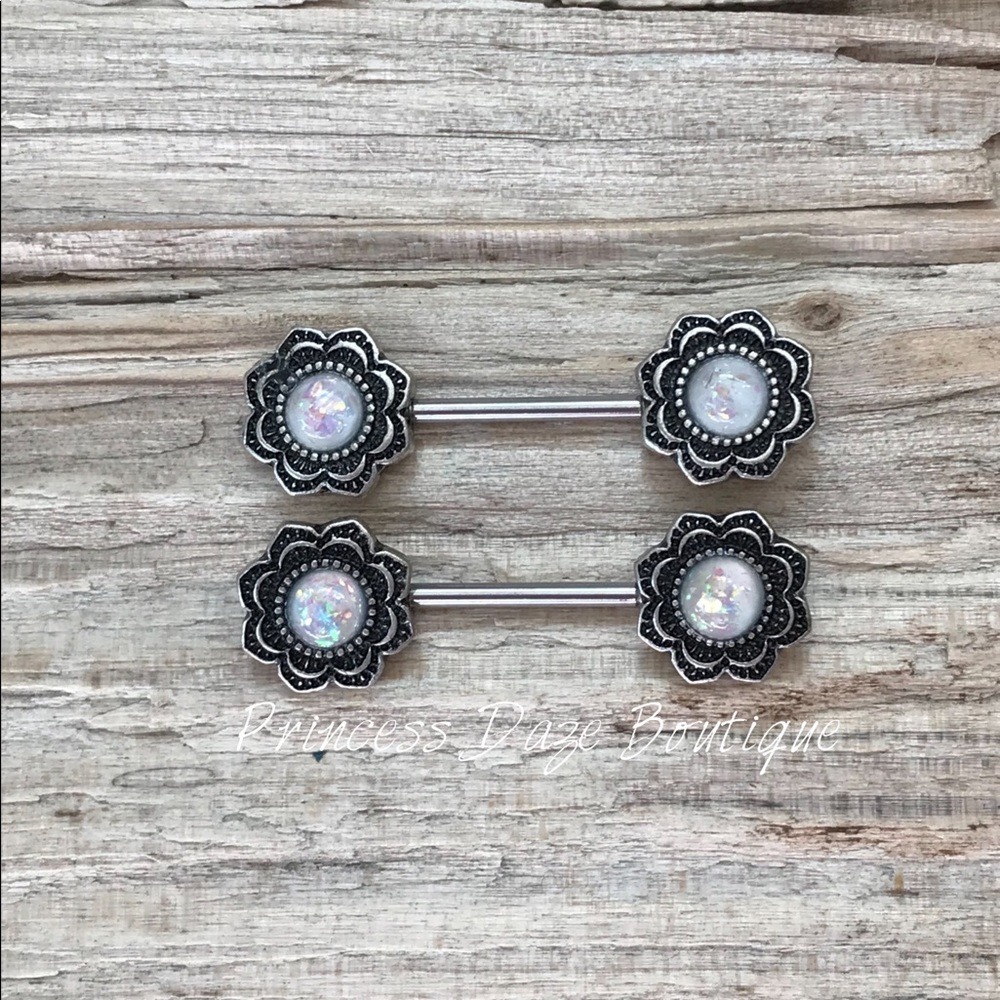 White Opal Flower Barbell Nipple Ring Set